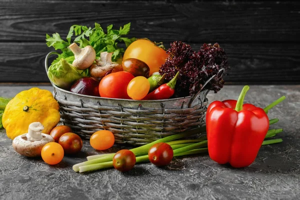 Basket Various Fresh Vegetables Dark Table — Stock Photo, Image