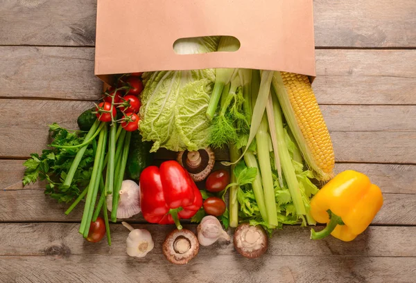 Paper Bag Various Fresh Vegetables Wooden Background — Stock Photo, Image