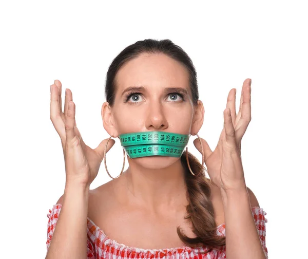 Emotional Woman Measuring Tape Her Mouth White Background Diet Concept — Stock Photo, Image