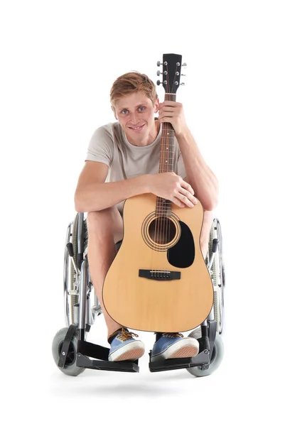 Young Man Guitar Sitting Wheelchair White Background — Stock Photo, Image