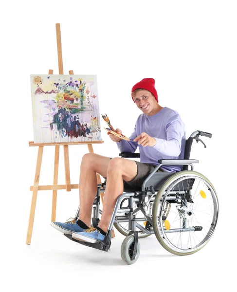 Young Artist Wheelchair Painting Picture White Background — Stock Photo, Image