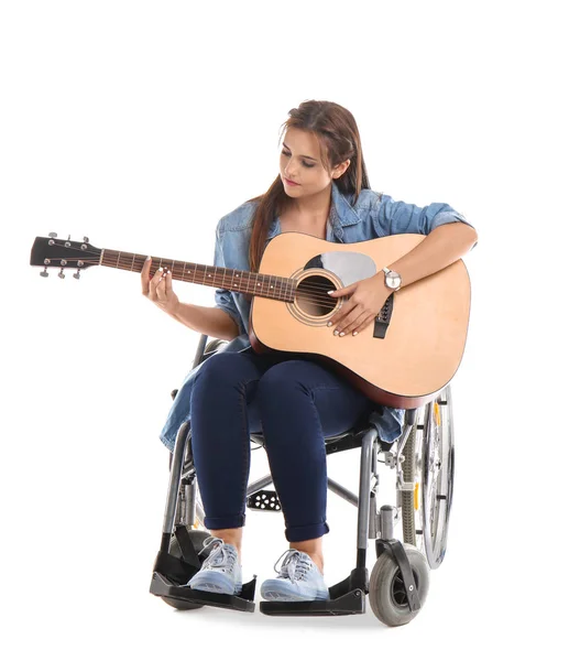 Young Woman Wheelchair Playing Guitar White Background — Stock Photo, Image