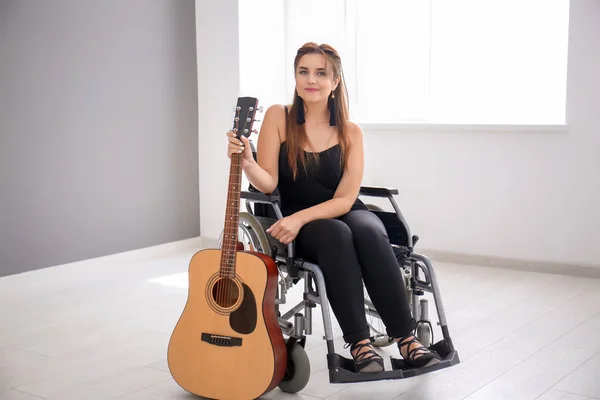 Beautiful Young Musician Guitar Sitting Wheelchair Indoors — Stock Photo, Image