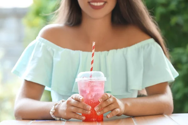 Young Woman Holding Cup Refreshing Watermelon Lemonade Outdoors — Stock Photo, Image