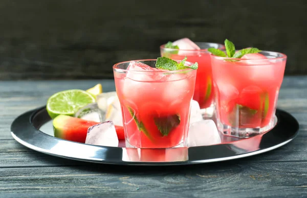 Glasses Fresh Watermelon Lemonade Metal Tray — Stock Photo, Image