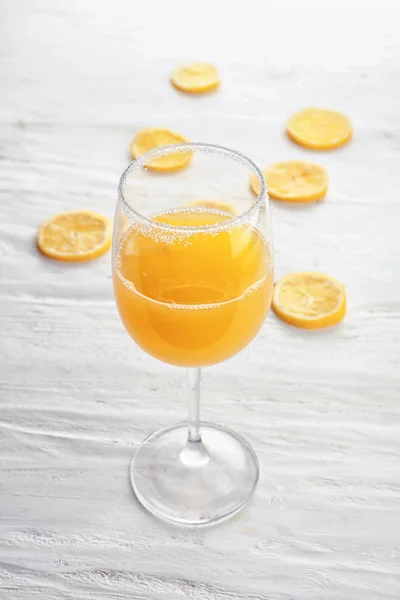 Glass Fresh Lemon Juice White Wooden Table — Stock Photo, Image