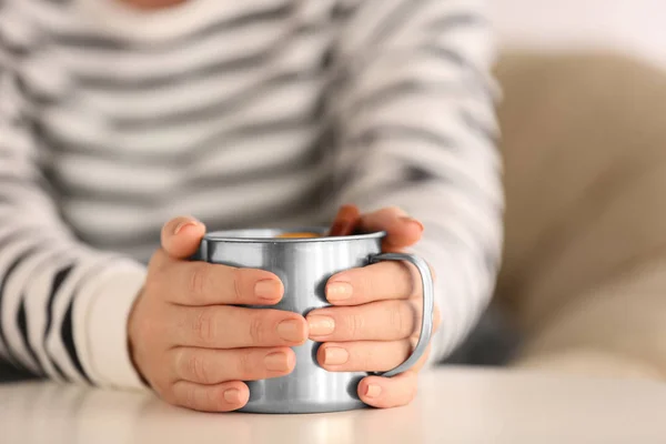 Woman Holding Cup Delicious Mulled Wine Table Closeup — Stock Photo, Image