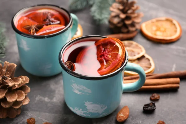 Metal Cups Delicious Mulled Wine Grey Table — Stock Photo, Image