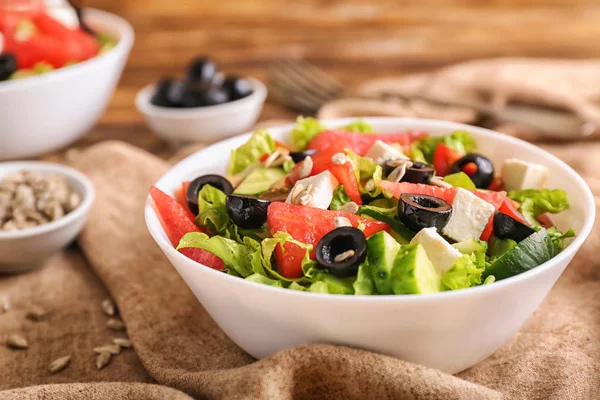 Bowl Delicious Watermelon Salad Table Closeup — Stock Photo, Image