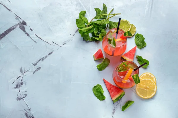Glasses Tasty Cold Watermelon Lemonade Mint Color Background — Stock Photo, Image