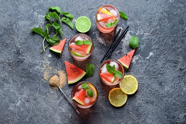 Glasses Tasty Cold Watermelon Lemonade Dark Table — Stock Photo, Image