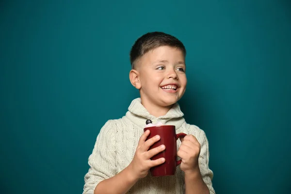 Cute Little Boy Cup Hot Chocolate Color Background — Stock Photo, Image