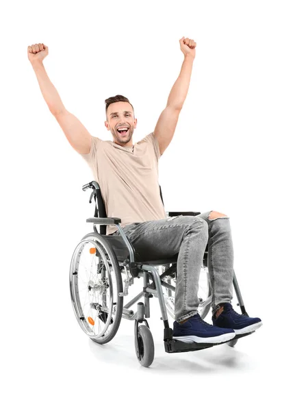 Glücklicher Junger Mann Rollstuhl Auf Weißem Hintergrund — Stockfoto