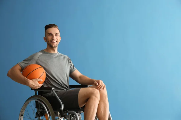 Young Basketball Player Sitting Wheelchair Color Background — Stock Photo, Image