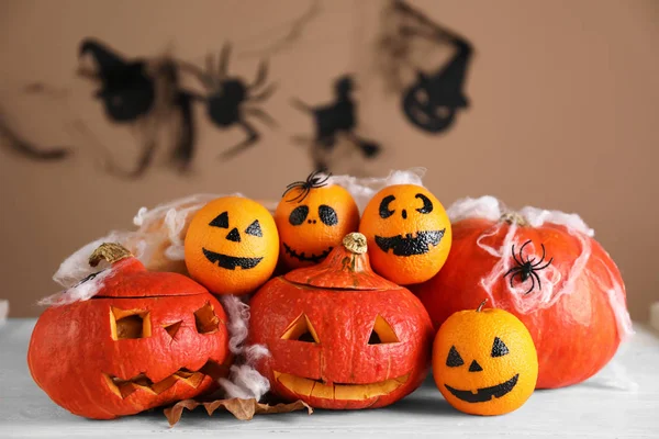 Halloween Pumpkins Creative Oranges Light Wooden Table — Stock Photo, Image