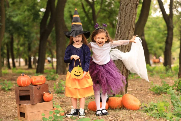Lindas Niñas Vestidas Para Halloween Divirtiéndose Parque Otoño —  Fotos de Stock