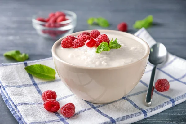 Bowl Delicious Rice Pudding Berries Napkin Royalty Free Stock Images