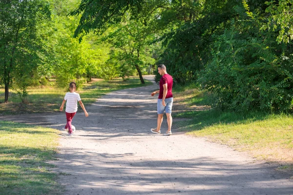 Little Boy His Dad Playing Football Outdoors — Stock Photo, Image