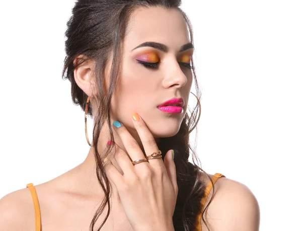 Hermosa Mujer Joven Con Manicura Colorida Sobre Fondo Blanco —  Fotos de Stock