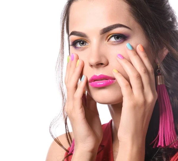 Piękna Młoda Kobieta Manicure Kolorowy Białym Tle — Zdjęcie stockowe