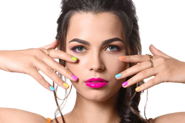 Mooie Jonge Vrouw Met Kleurrijke Manicure Witte Achtergrond — Stockfoto