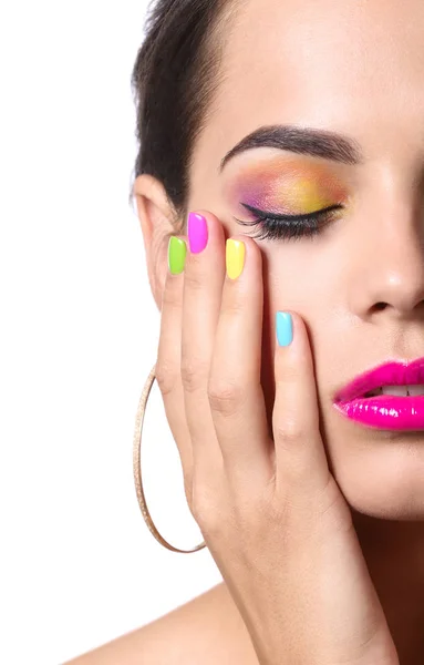 Mooie Jonge Vrouw Met Kleurrijke Manicure Witte Achtergrond Close — Stockfoto