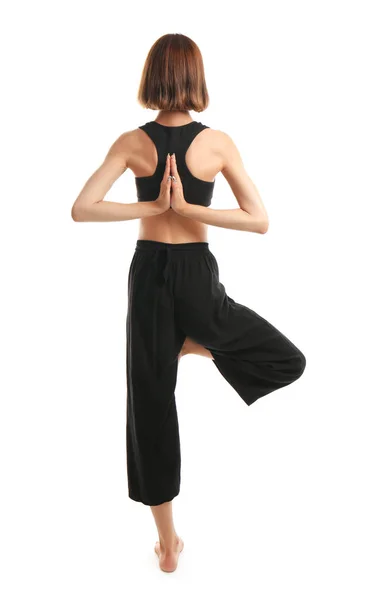 Mujer Deportiva Practicando Yoga Sobre Fondo Blanco — Foto de Stock