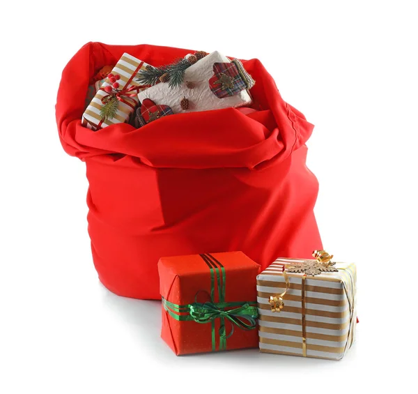 Santa Claus Bag Full Gifts White Background — Stock Photo, Image