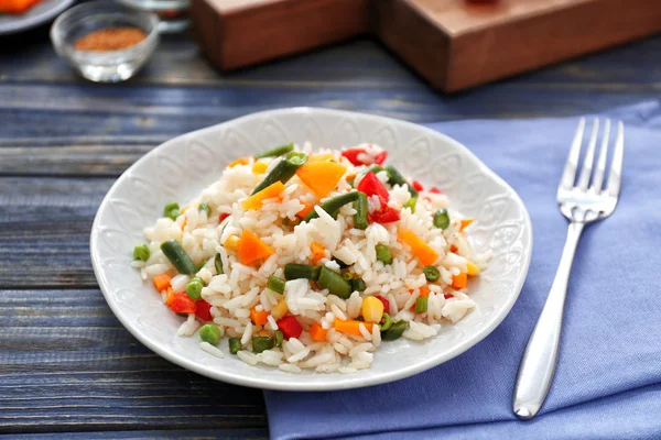 Plate Tasty Boiled Rice Vegetables Wooden Table — Stock Photo, Image