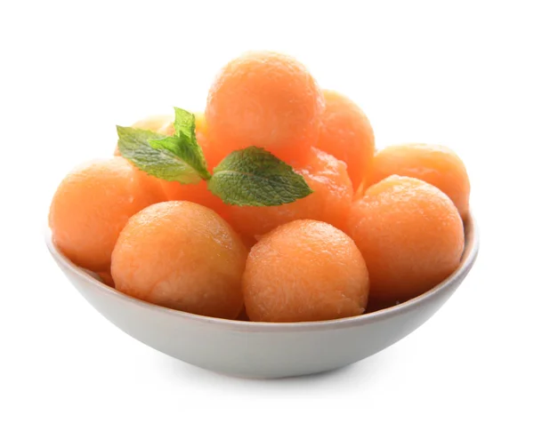 Bowl Delicious Melon Balls White Background — Stock Photo, Image