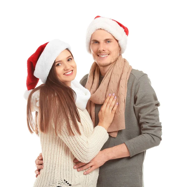 Retrato Linda Pareja Joven Sombreros Santa Sobre Fondo Blanco — Foto de Stock