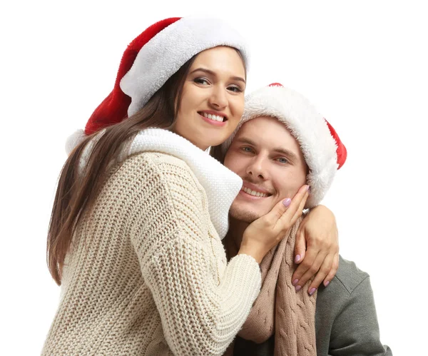 Retrato Bonito Jovem Casal Santa Chapéus Fundo Branco — Fotografia de Stock