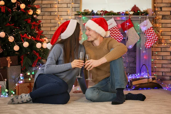 Cute Young Couple Glasses Champagne Celebrating Christmas Home — Stock Photo, Image