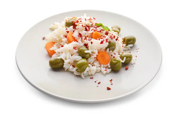 Plato Con Sabroso Arroz Hervido Verduras Sobre Fondo Blanco — Foto de Stock