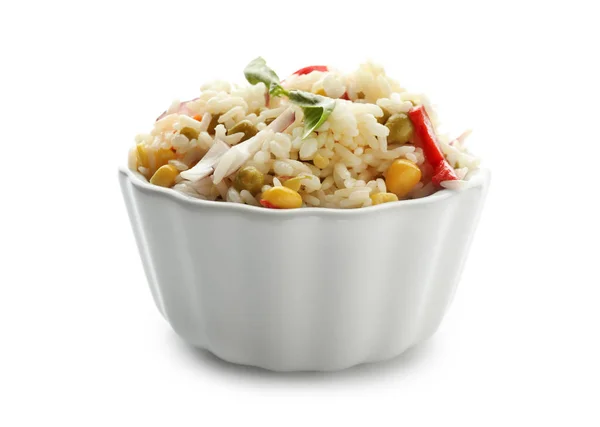 Bowl Tasty Boiled Rice Vegetables White Background — Stock Photo, Image