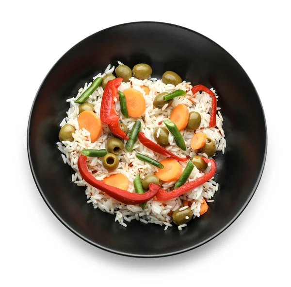 Bowl Tasty Boiled Rice Vegetables White Background — Stock Photo, Image