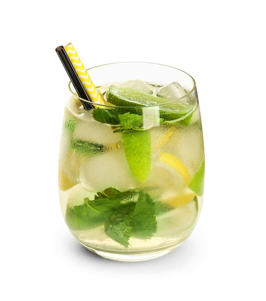 Glass of fresh mojito on white background