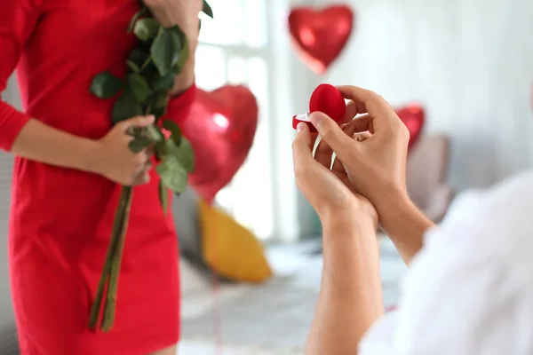 Young Man Proposing His Beloved Beautiful Engagement Ring Home — Stock Photo, Image