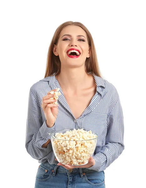 Schöne Junge Frau Mit Schale Popcorn Auf Weißem Hintergrund — Stockfoto