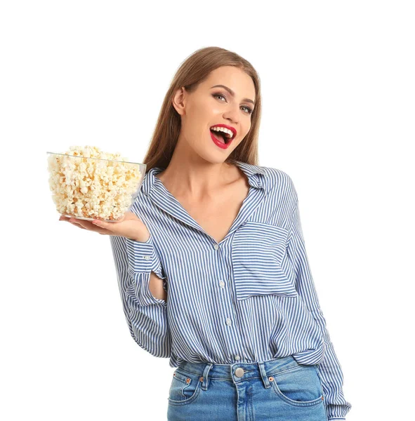 Beautiful Young Woman Bowl Popcorn White Background — Stock Photo, Image