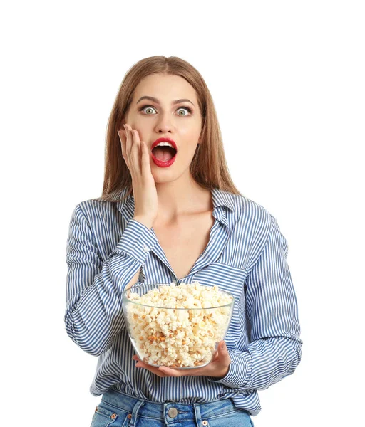 Emotional Young Woman Bowl Popcorn White Background — Stock Photo, Image