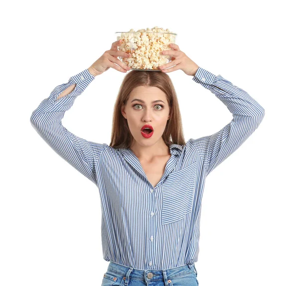 Emotional Young Woman Bowl Popcorn White Background — Stock Photo, Image