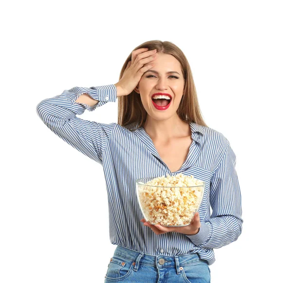 Schöne Junge Frau Mit Schale Popcorn Auf Weißem Hintergrund — Stockfoto
