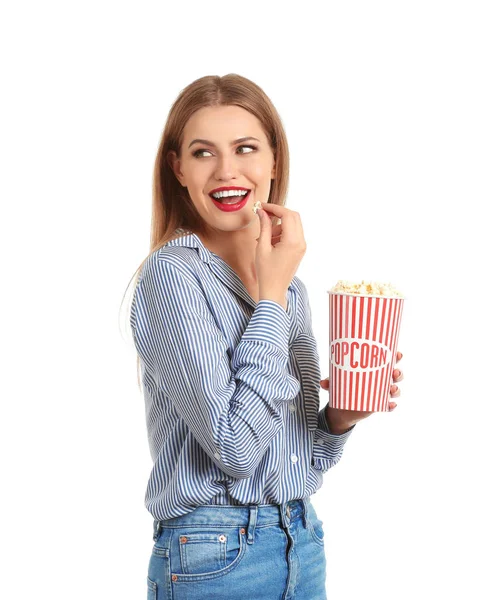 Beautiful Young Woman Cup Popcorn White Background — Stock Photo, Image