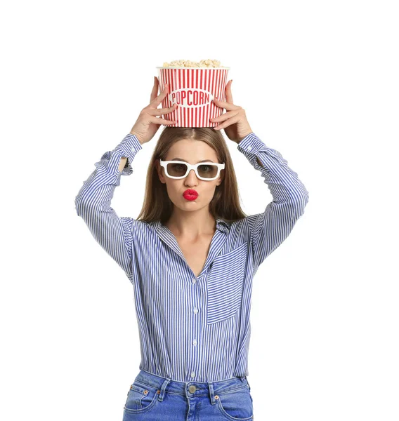 Beautiful Young Woman Cup Popcorn Cinema Glasses White Background — Stock Photo, Image