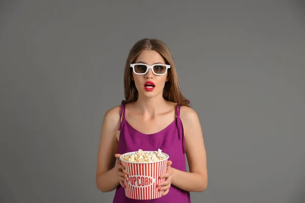 Emotional Young Woman Cup Popcorn Cinema Glasses Grey Background — Stock Photo, Image