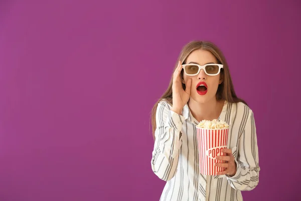 Emotional Young Woman Cup Popcorn Cinema Glasses Color Background — Stock Photo, Image