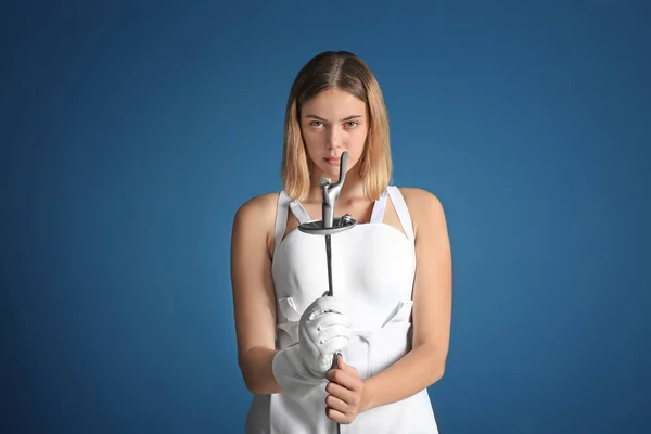 Young Female Fencer Color Background — Stock Photo, Image