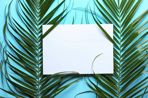 Composition with blank card and green tropical leaves on color background