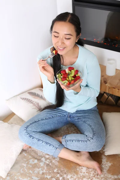Asian Woman Eating Healthy Fruit Salad Home — Stock Photo, Image